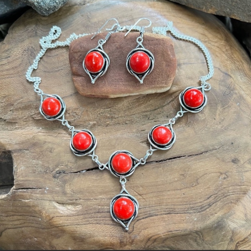 Italian red coral necklace with matching earrings